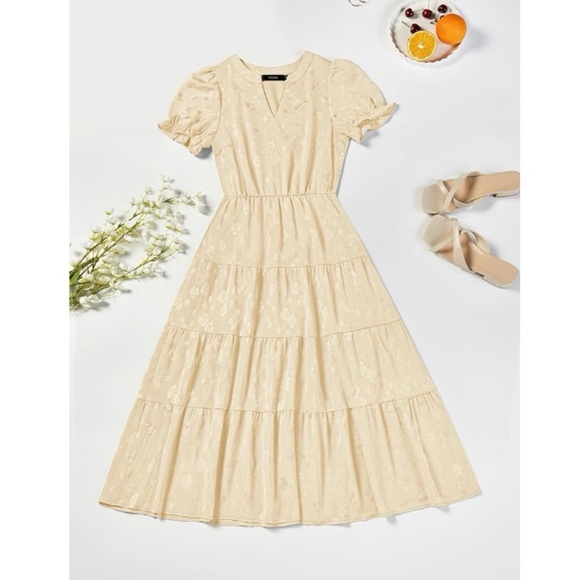 ZESICA Womens Summer Puff Short Sleeve Midi Dress Floral V Neck Textured Ruffle - Picture 4 of 5